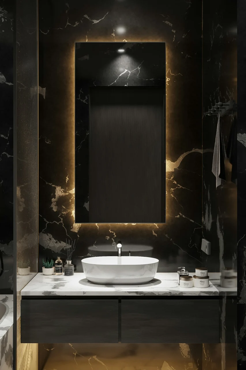 a bathroom with a large mirror