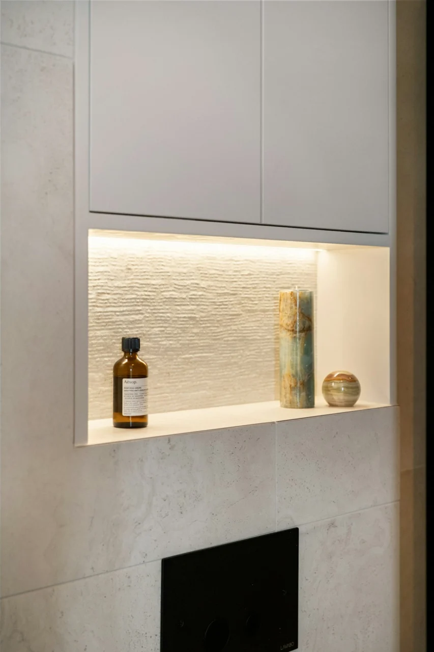 A bathroom with a white wall and a fireplace