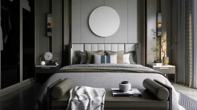a bedroom with a large bed and a round mirror on the wall