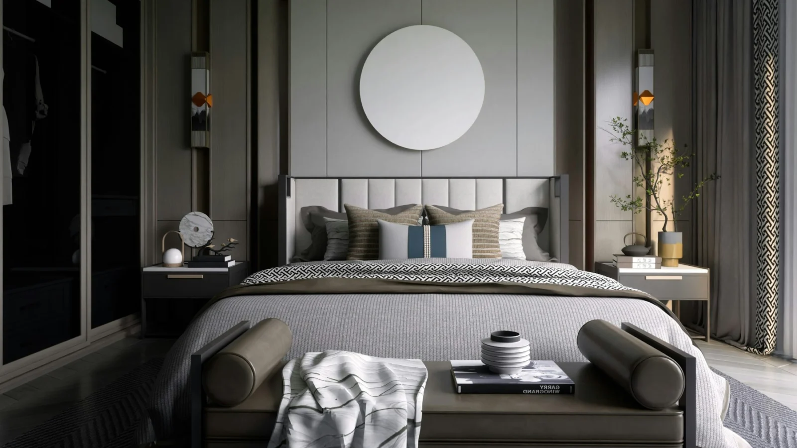 a bedroom with a large bed and a round mirror on the wall
