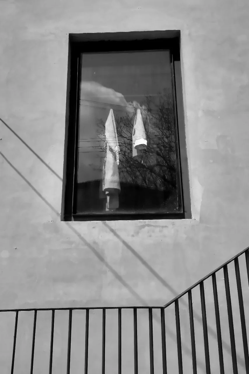 A black and white view of a window reflecting trees and hanging laundry