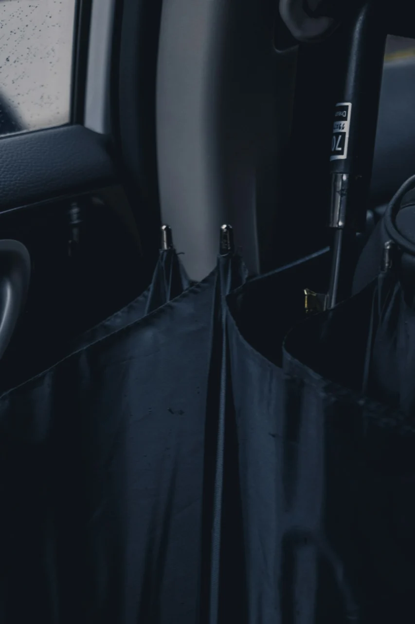 a black umbrella sitting inside of a car