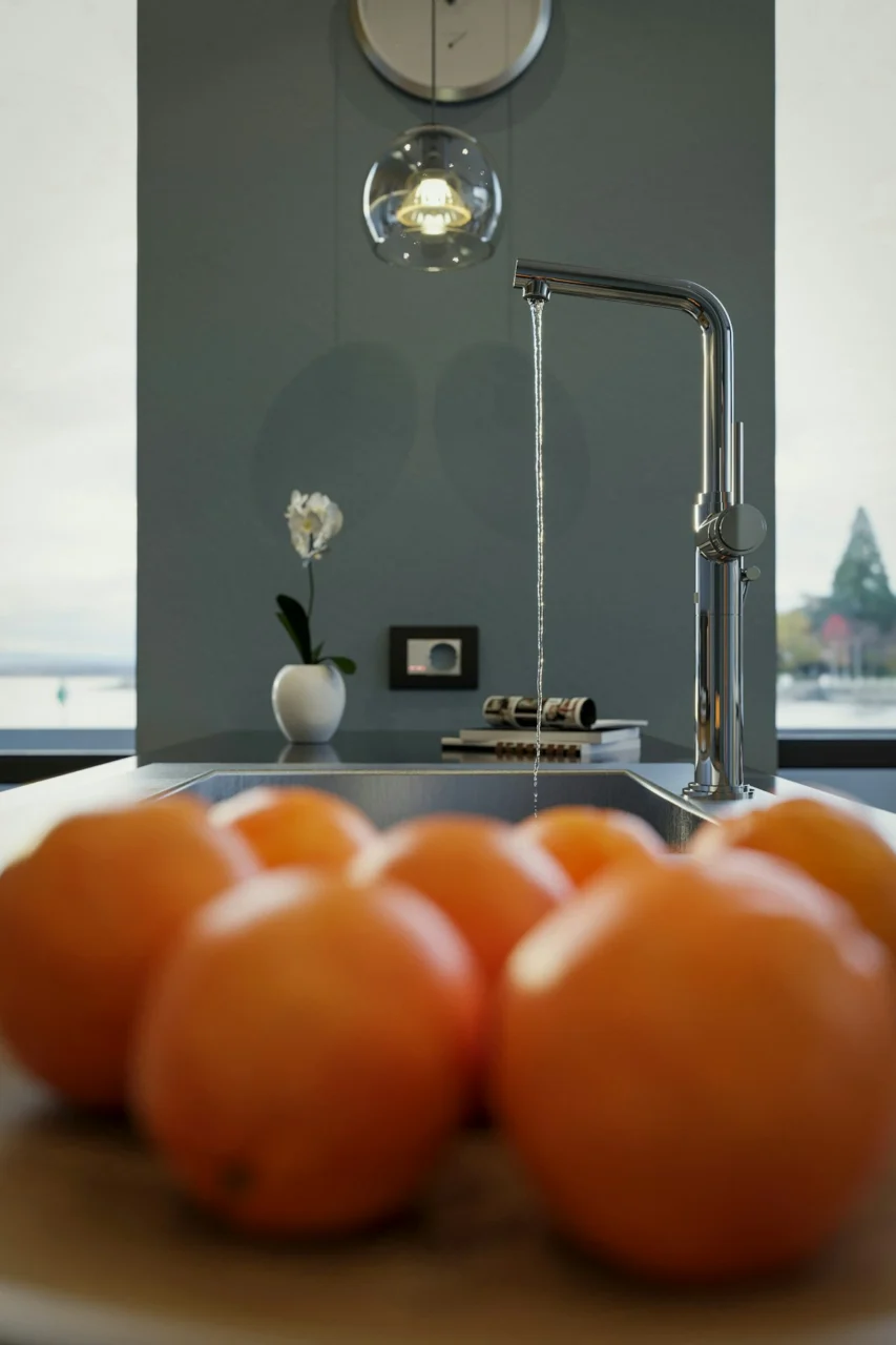 a bunch of oranges on a plate in a kitchen