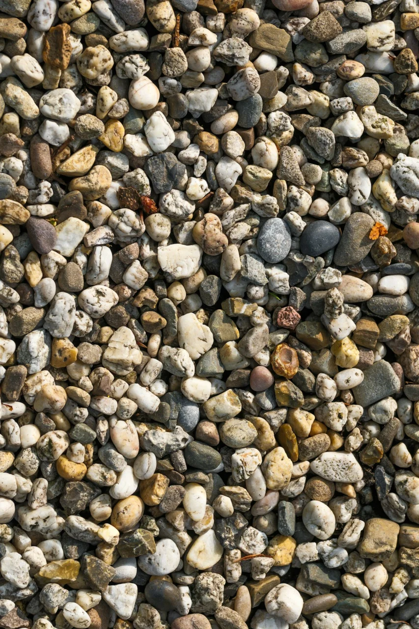 A close-up view of many small, colorful pebbles