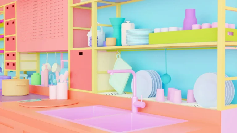 A colorful kitchen with a sink and shelves