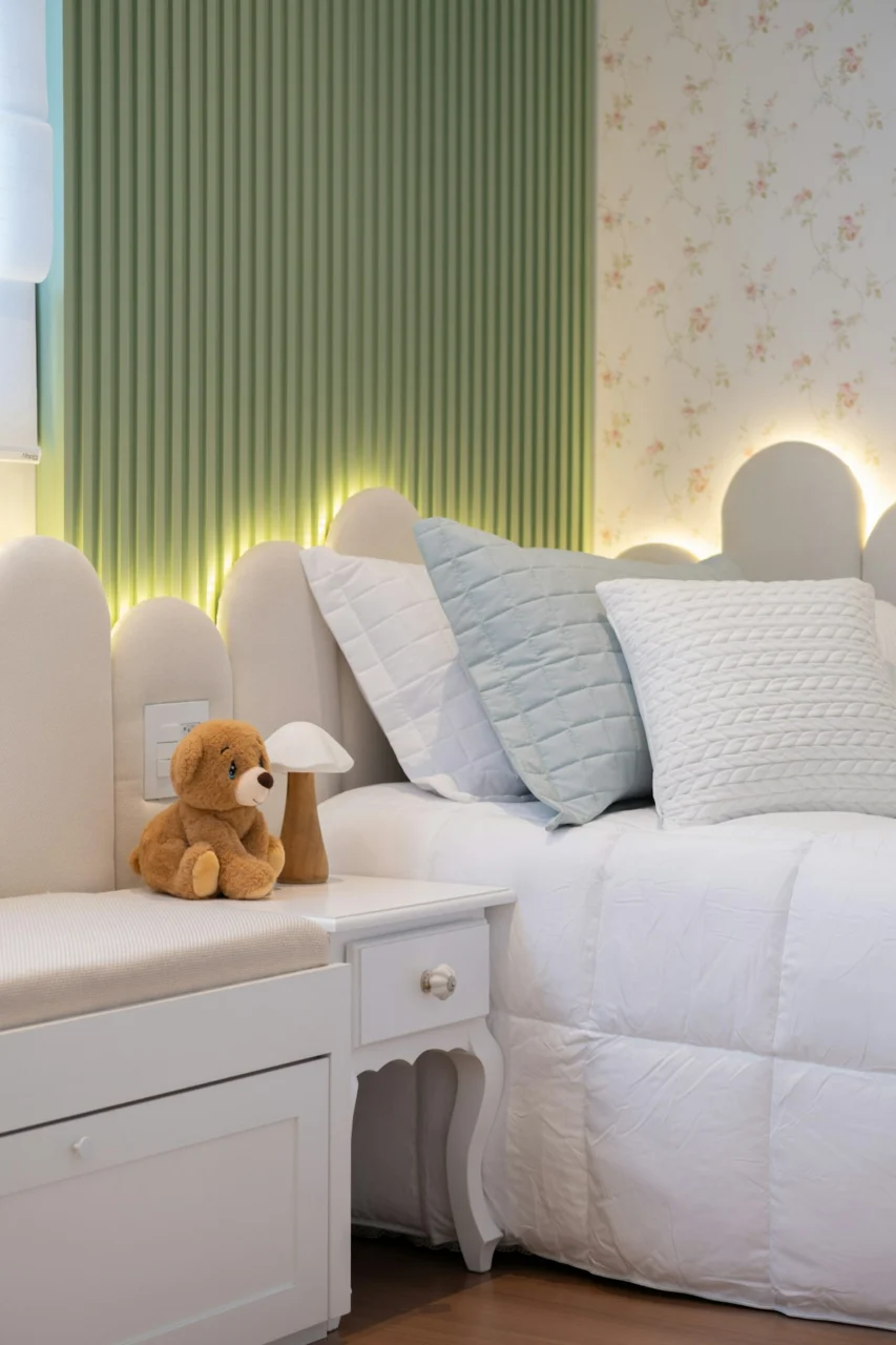 A cozy bedroom with a teddy bear on a bench