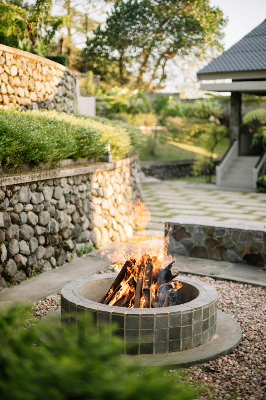 A cozy fire pit with burning logs in a garden
