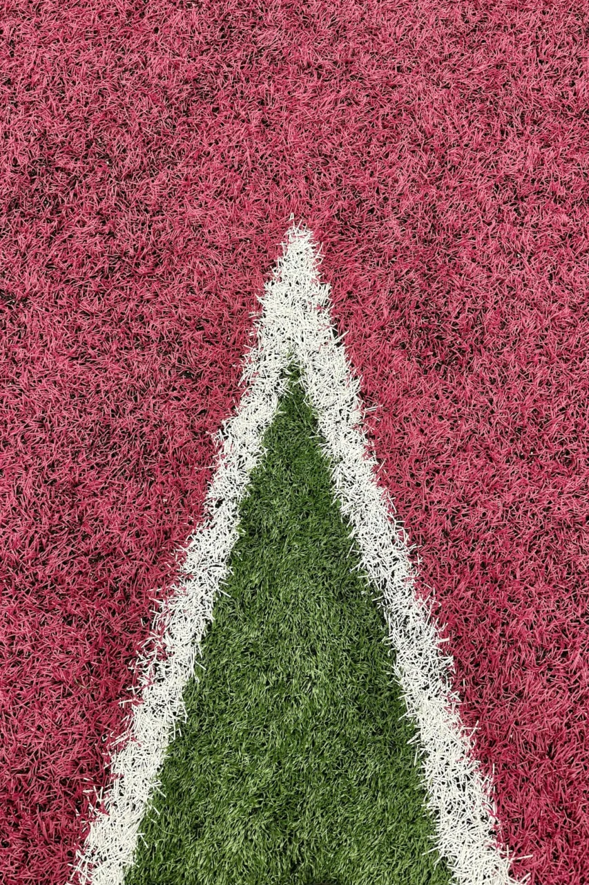 A grass field with a red and white line on it