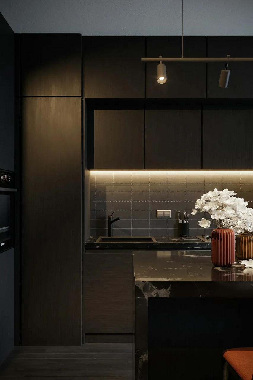 A kitchen with a black cabinet