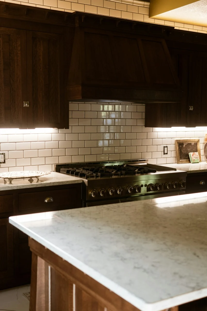 A kitchen with a marble counter top and wooden cabinets