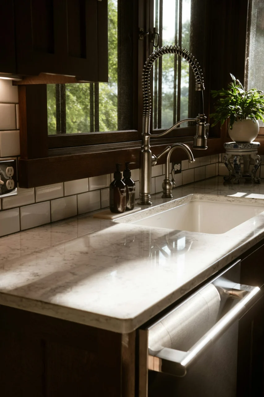 A kitchen with a sink and a window