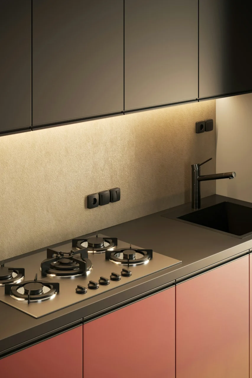 a kitchen with a stove top and a sink