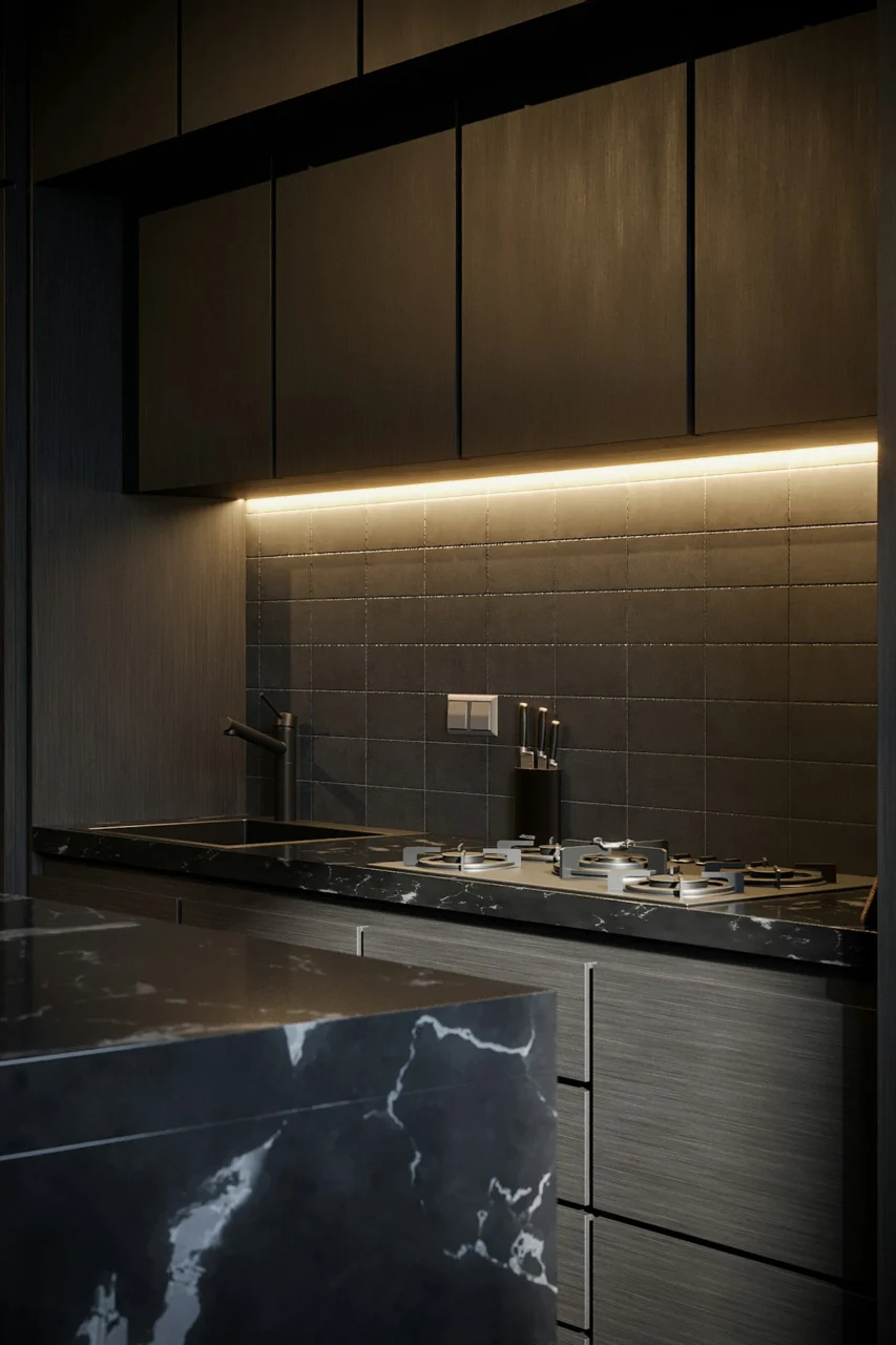 a kitchen with a tile floor