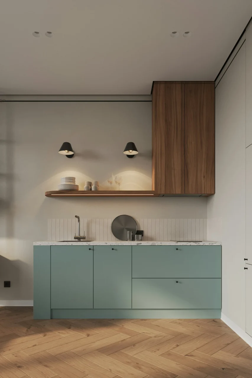A kitchen with a wooden floor and white walls