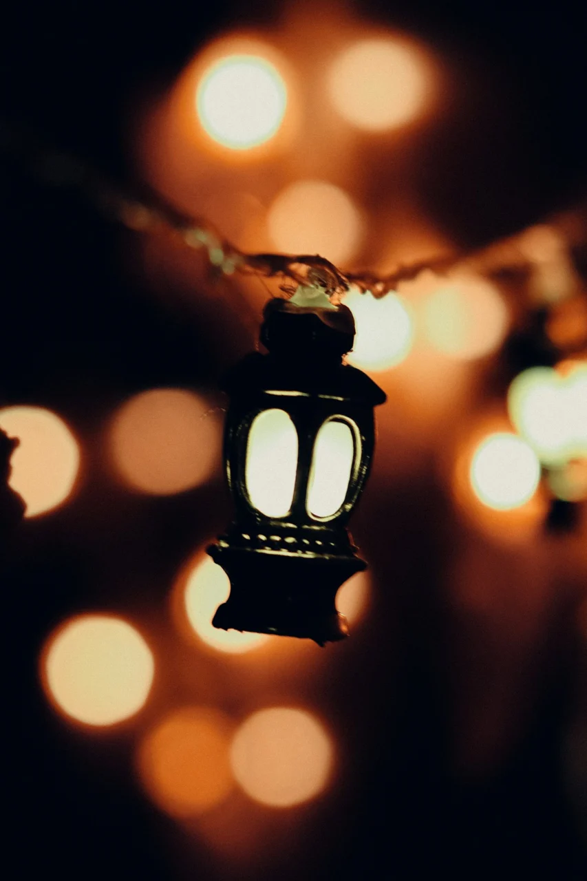 a lantern hanging from a string of lights