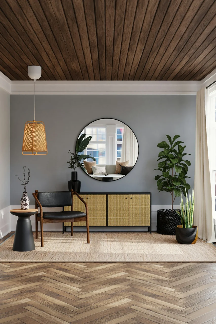 A living room with a black chair, rattan sideboard, and indoor plants