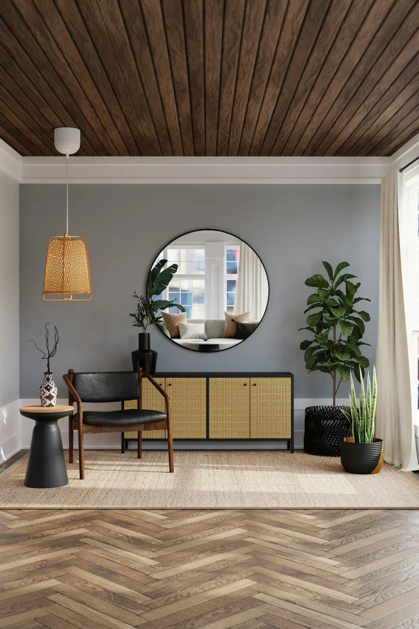 A living room with a black chair, rattan sideboard, and indoor plants