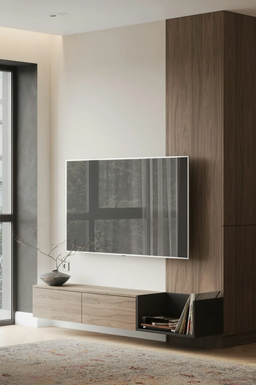 A living room with a large television on a wall