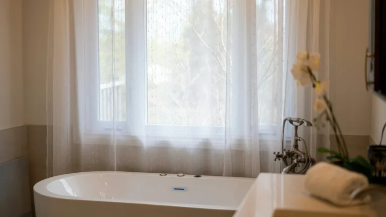 A modern bathtub with sheer curtains and a sink
