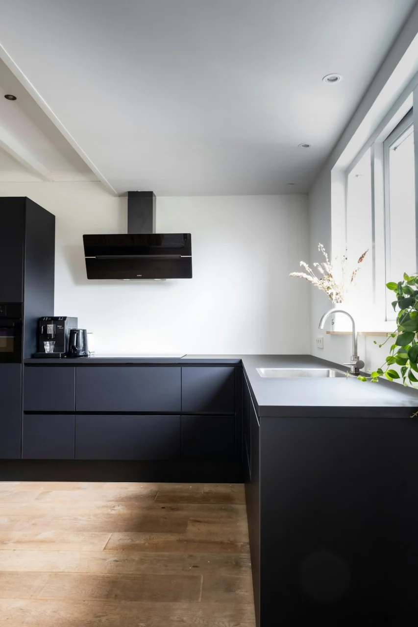 A modern kitchen with matte black cabinets, wooden flooring, and a green plant