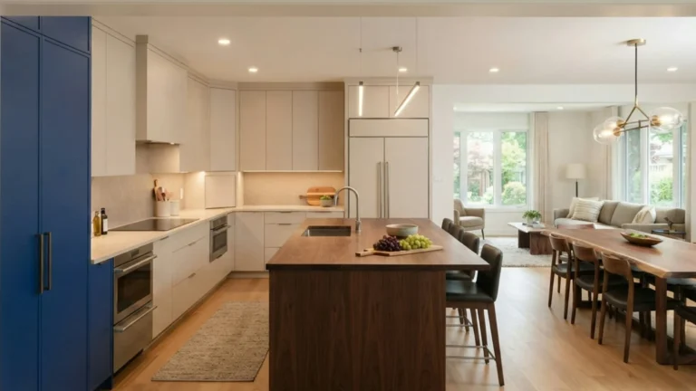 A modern open-concept kitchen with a dark wood island and adjoining dining area