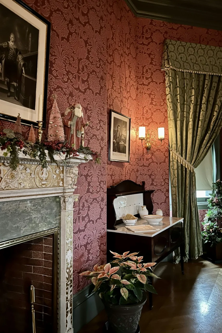 a room with a fireplace and a table with a plant in it