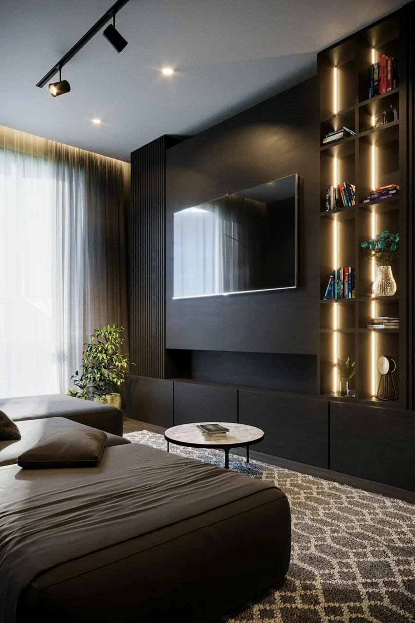 a room with a tv and a couch