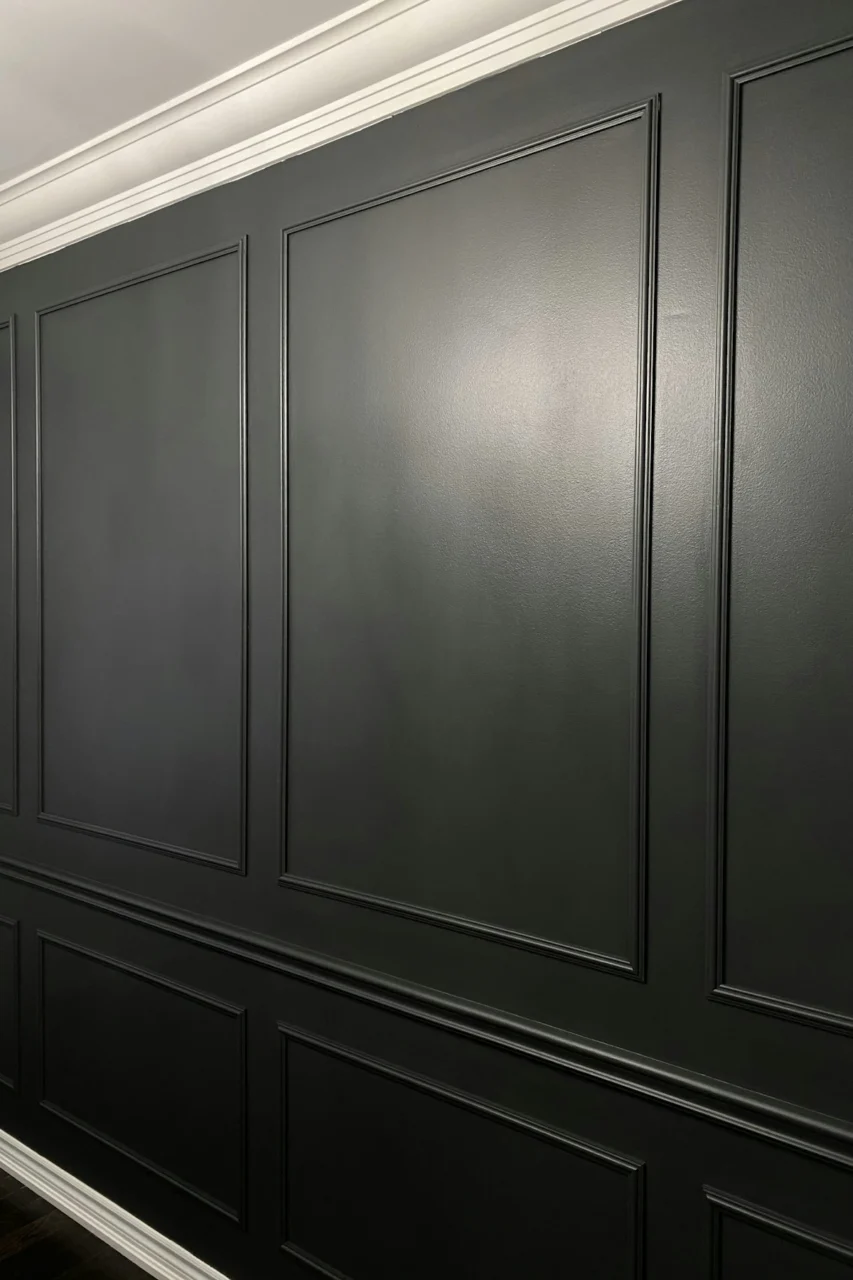 a room with black walls and a white ceiling