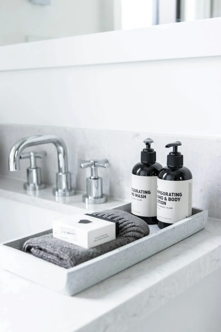 a sink with bottles of soap and a box of soap