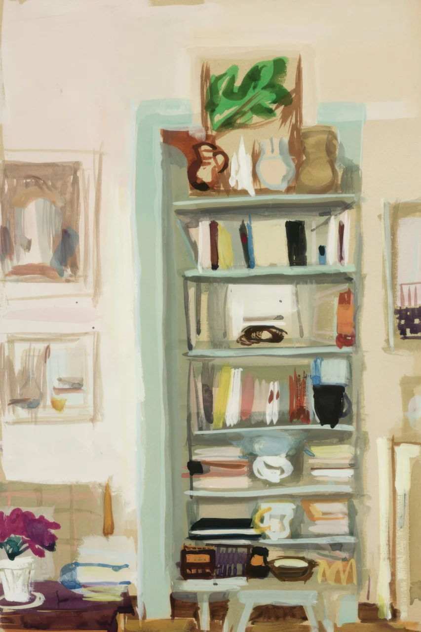 A tall bookshelf filled with books and decorative items
