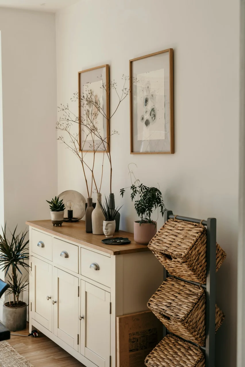 A wooden sideboard with potted plants, vases, and wicker baskets in a living room