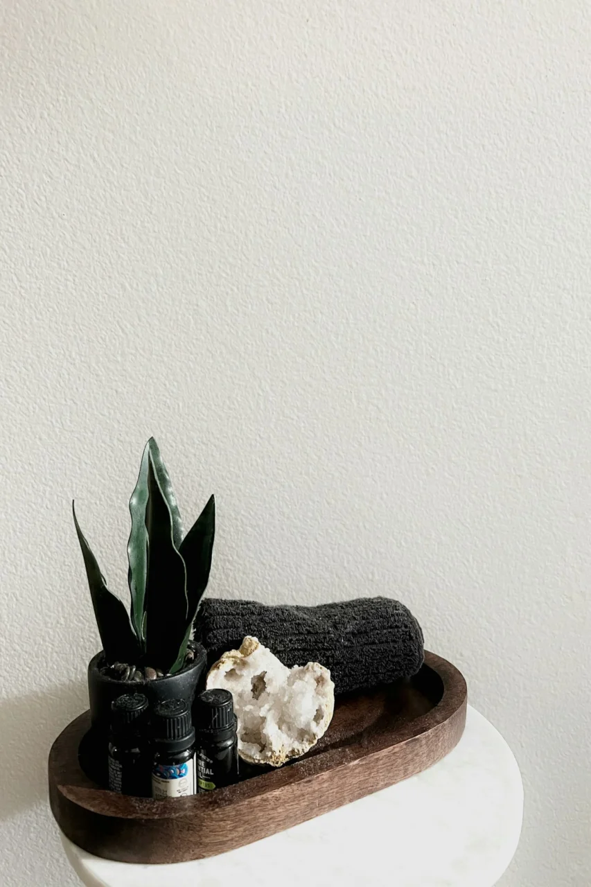 a wooden tray with a succulent plant on top of it