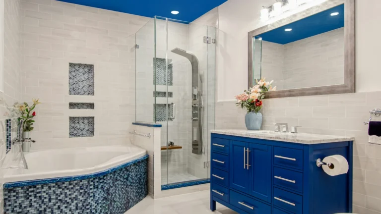 blue wooden cabinet near white wall
