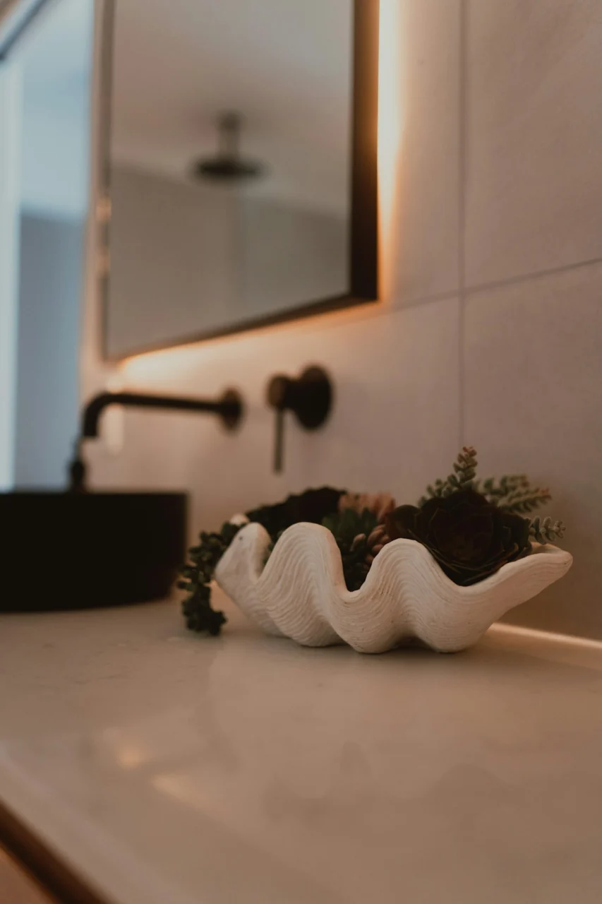 Decorative clam shell bowl with plants in a modern bathroom
