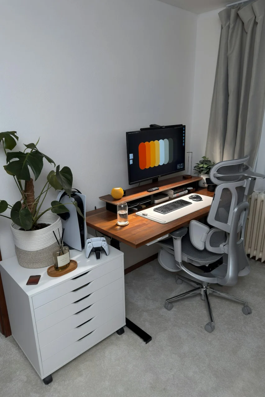 Desk setup with computer, chair, and plant