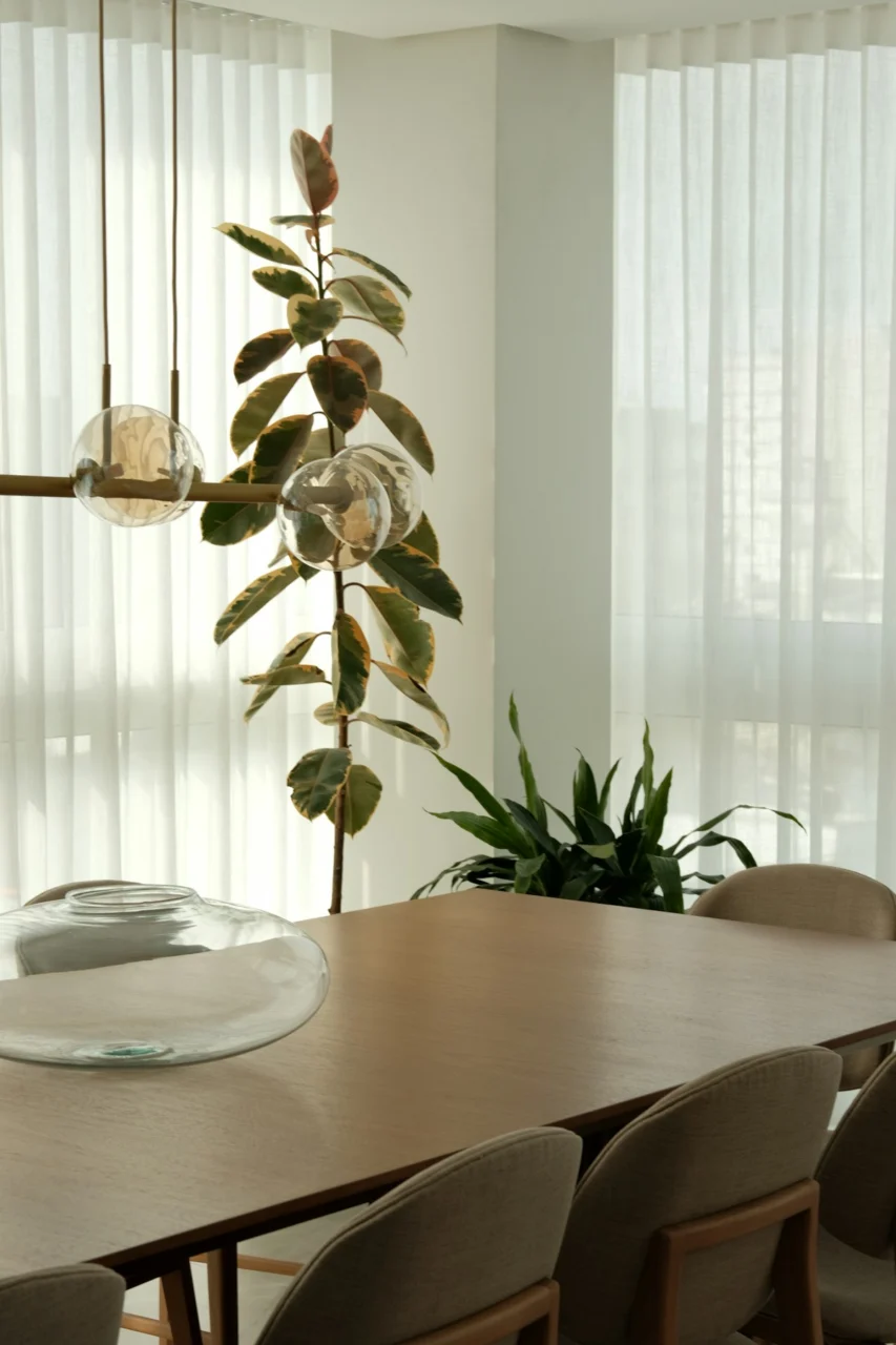 Dining room with modern decor and plants