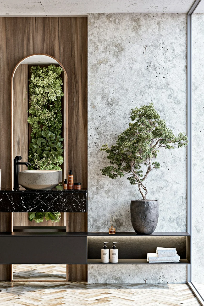 Elegant, modern bathroom with natural accents and plants