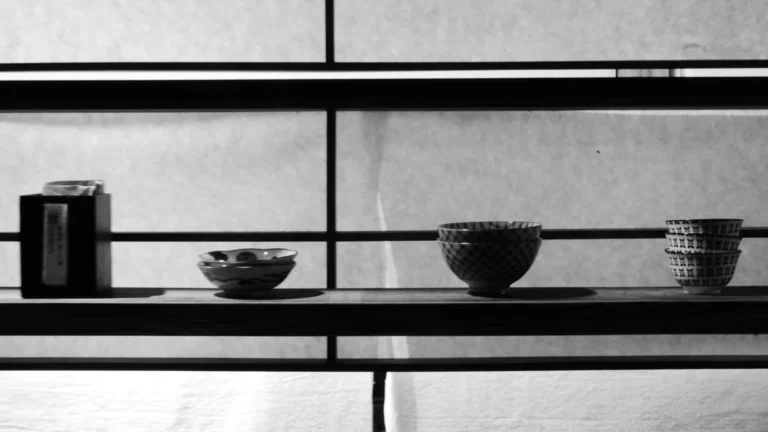 Four objects arranged on shelves in black and white