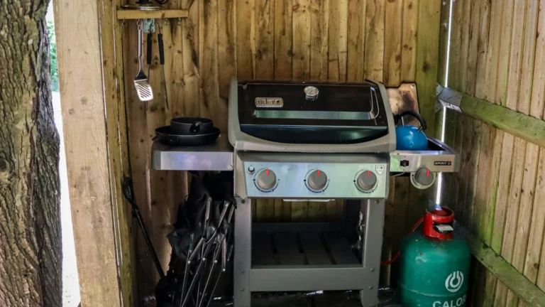 Gas grill with propane tank in wooden shelter