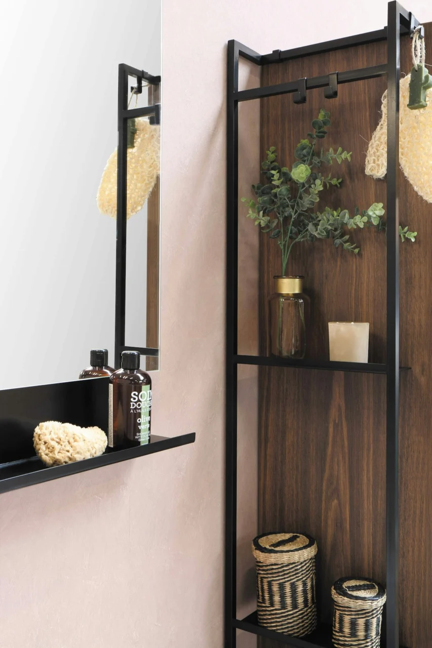 green potted plant on black wooden shelf