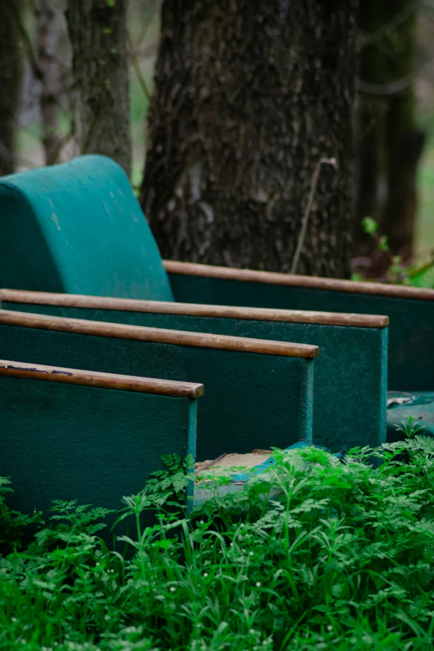Green wooden boat abandoned in lush green foliage
