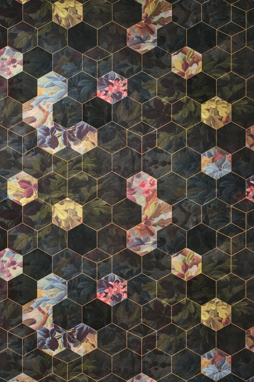 Hexagonal pattern with floral elements on dark background