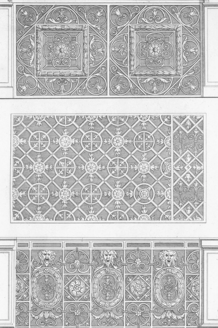 Intricate classical architectural ceiling designs in monochrome
