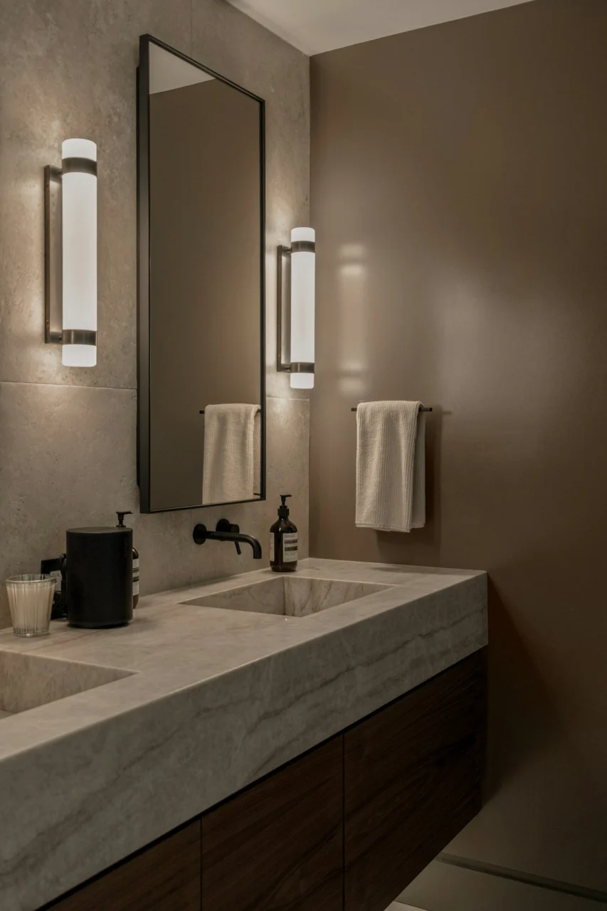 Modern bathroom vanity with double sinks and wall sconces