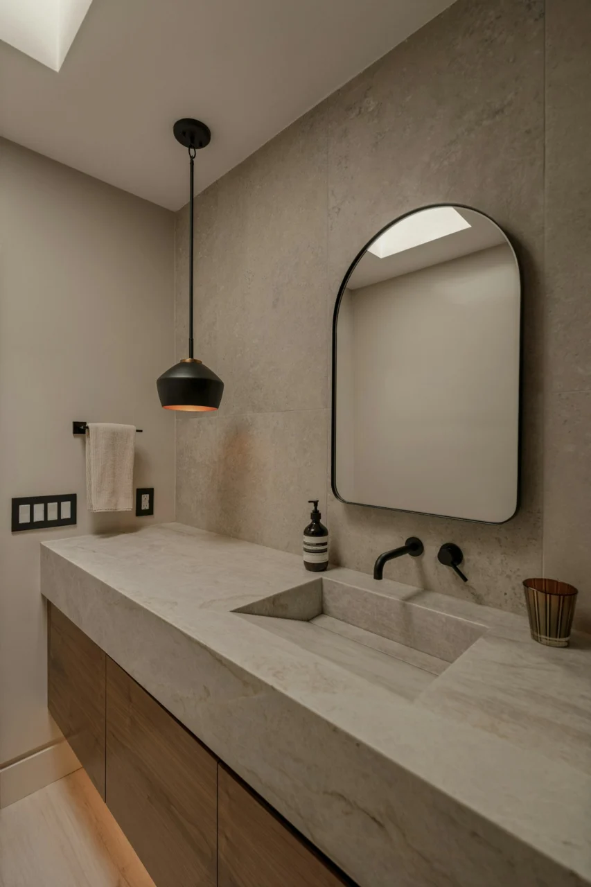 Modern bathroom vanity with integrated sink and black faucet
