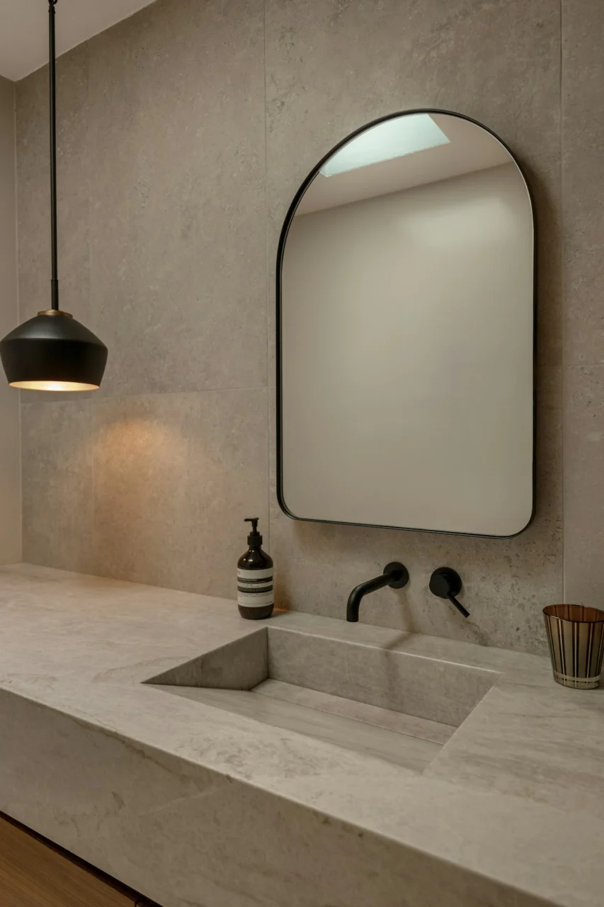 Modern bathroom with concrete sink and arched mirror