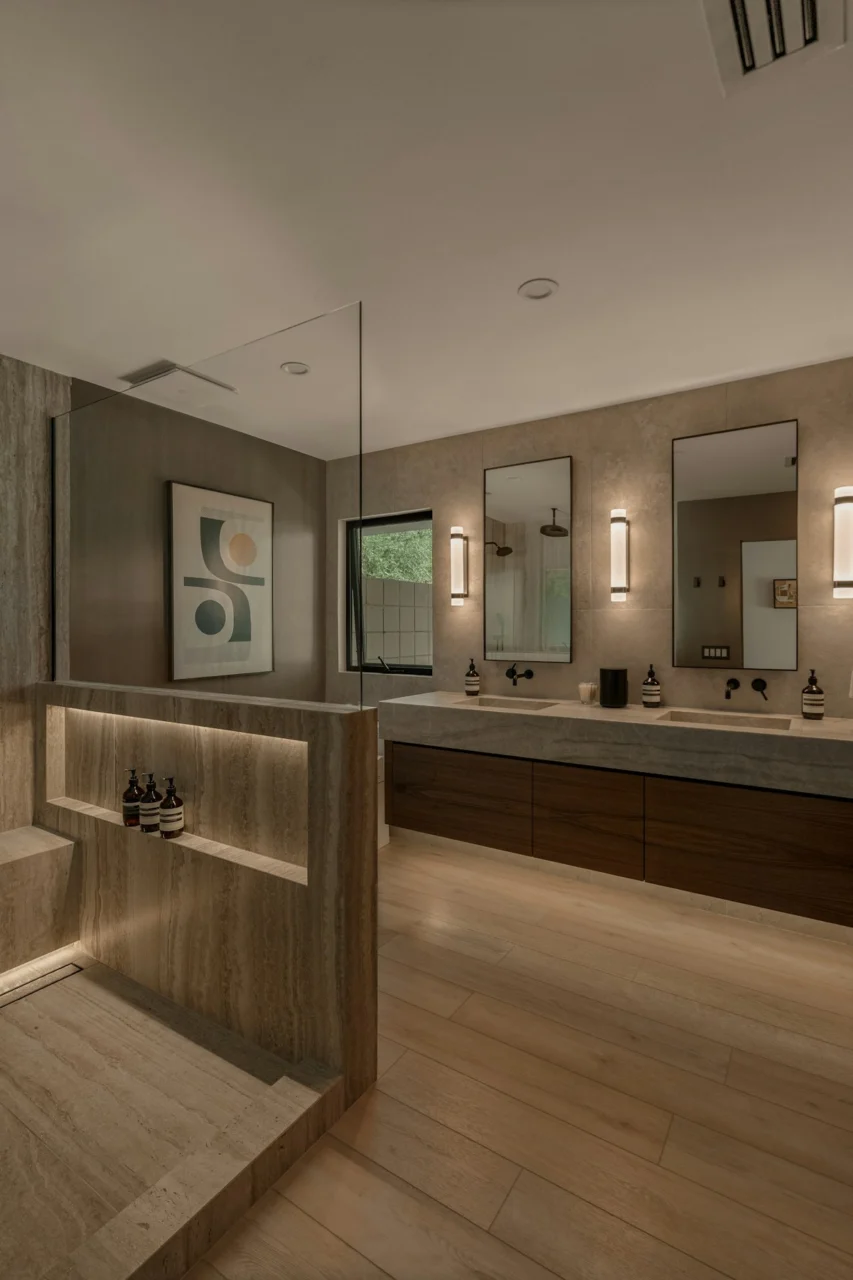Modern bathroom with double vanity and shower area