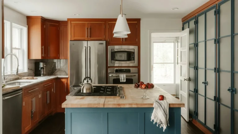Modern kitchen with blue island and wood cabinets