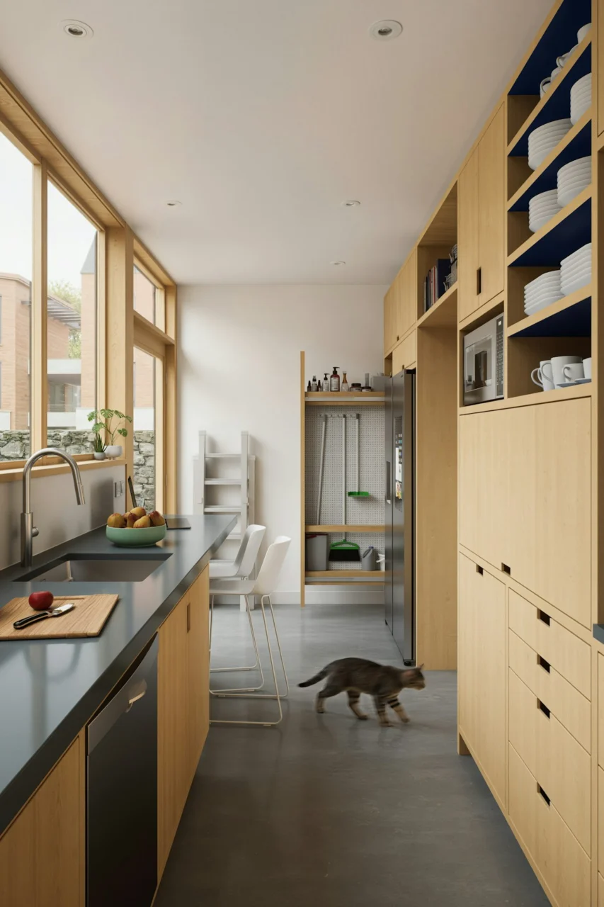 Modern kitchen with light wood cabinets, windows, and a cat