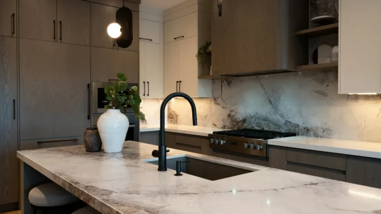 Modern kitchen with marble island and dark faucet